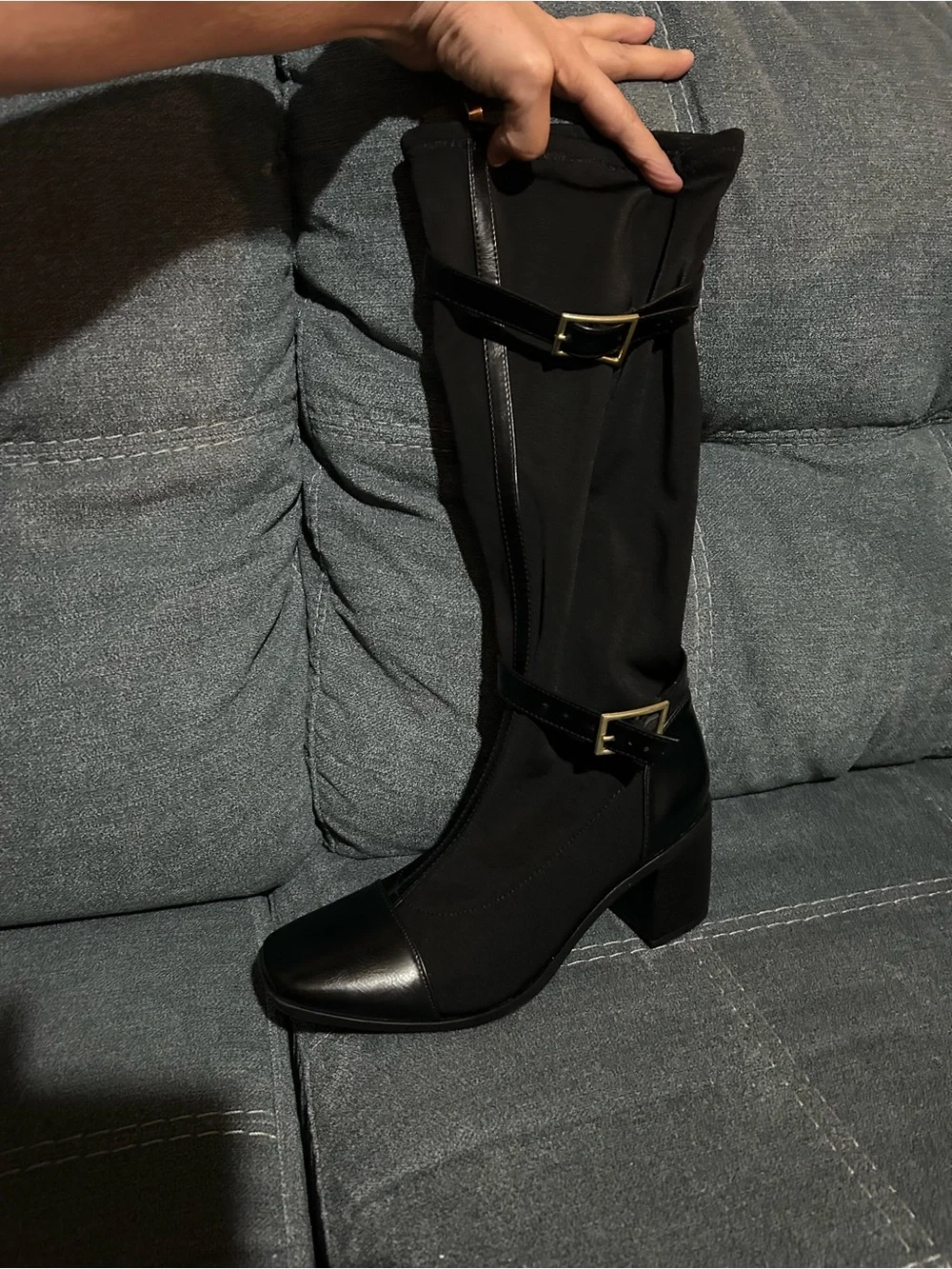 Journee Collection Black Over-the-Knee Buckle Block Heel Boots